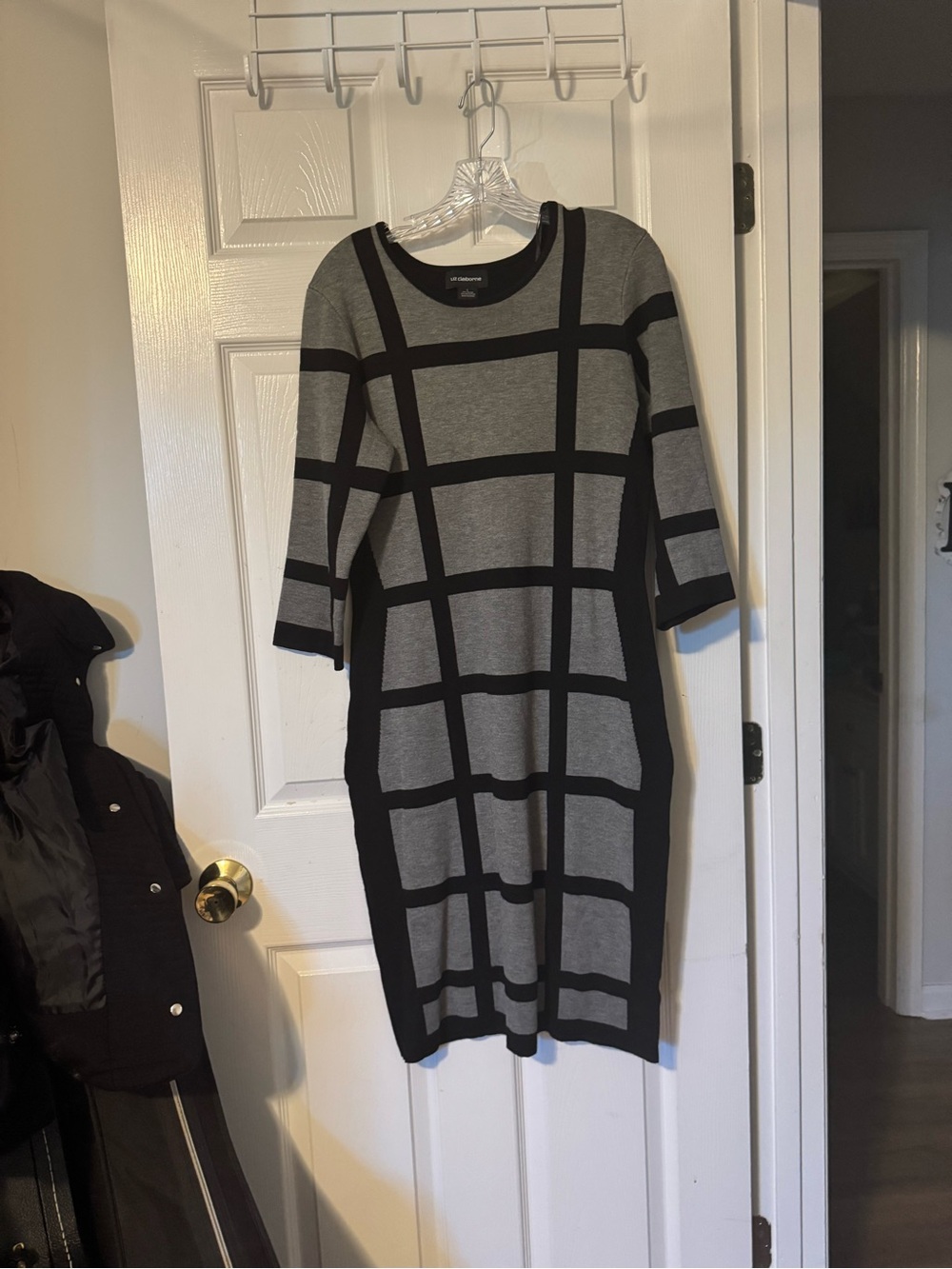 Liz Claiborne Gray and Black Windowpane Knit Midi Dress